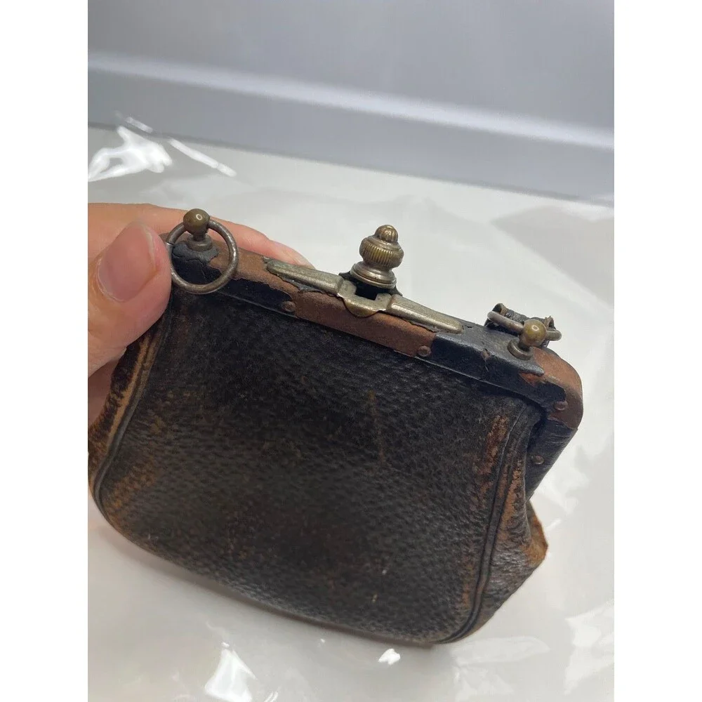 victorian Antique Chatelaine Silver Latch black Leather Purse 1890s